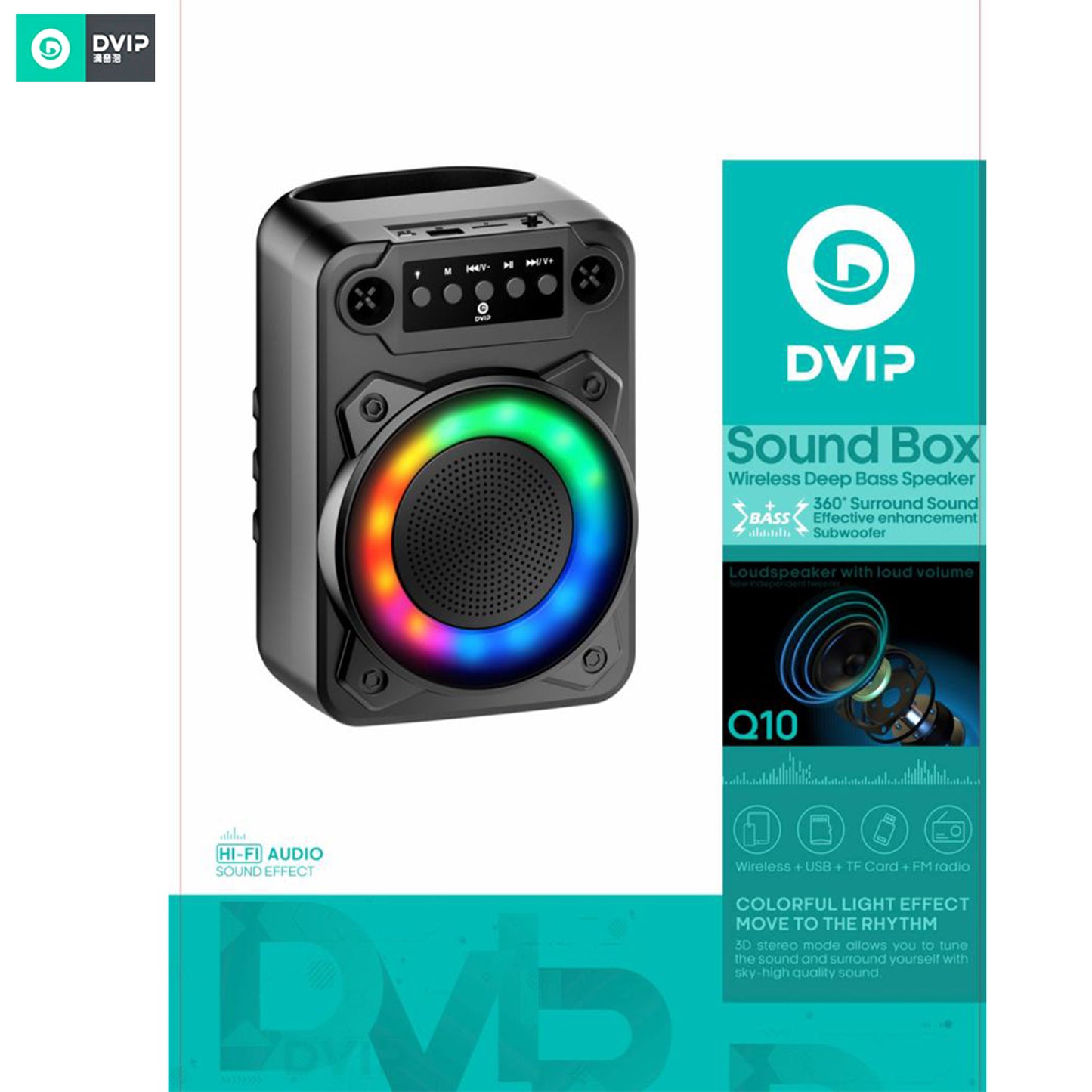 DVIP Q10 Taşınabilir Bluetooth 5.2 Hoparlör FM Radio, USB, TF SD, RGB Light Show Siyah DVIPQ10