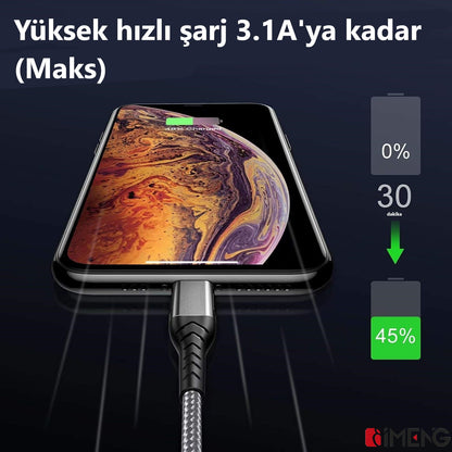 İmeng 3.1A UsbA to Lightning Örgülü Data ve Hızlı Şarj Kablosu ML108 Gri IM-ML108İph