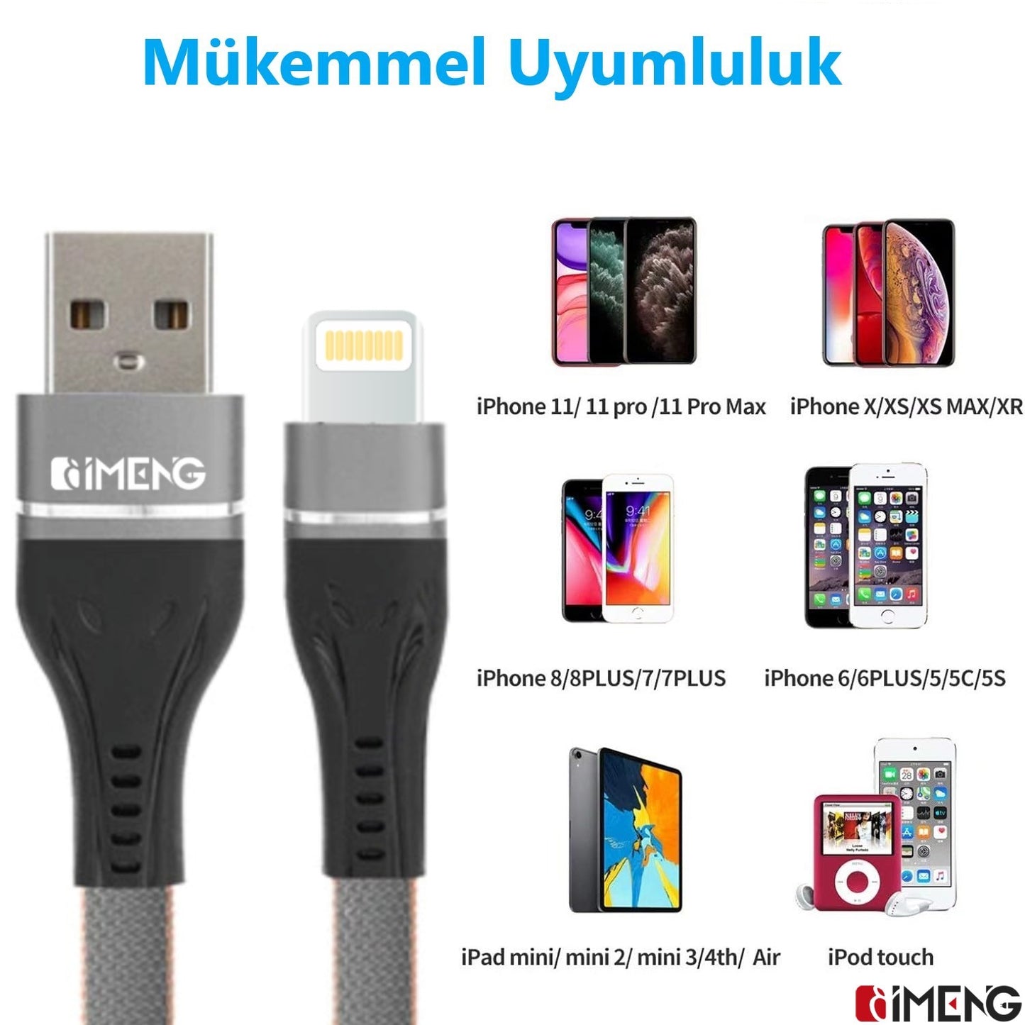 İmeng 3.1A UsbA to Lightning Örgülü Data ve Hızlı Şarj Kablosu ML108 Gri IM-ML108İph