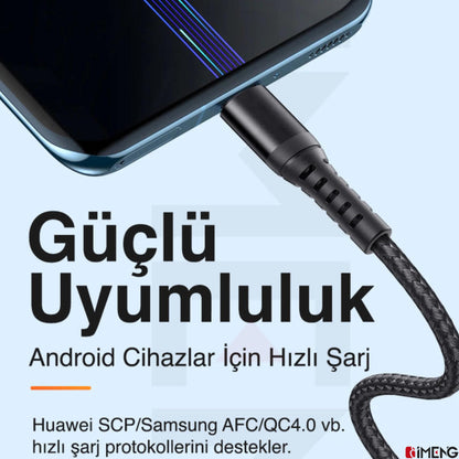 İmeng 3A UsbA to Lightning Pro Braided Data ve Hızlı Şarj Kablosu Siyah IM-ML810İph