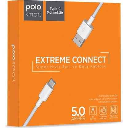 Polosmart 5A 100W Süper Hızlı UsbA to Type-C Data ve Şarj Kablosu Beyaz PSM30 PolosmartPSM30