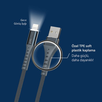 Polosmart PSM25 Apple Uyumlu Lightning Led Aydınlatmalı Şarj ve Data Kablosu 2.1A PoloPSM25