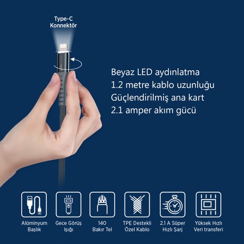 Polosmart PSM25 Apple Uyumlu Lightning Led Aydınlatmalı Şarj ve Data Kablosu 2.1A PoloPSM25