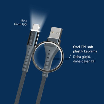 Polosmart PSM26 Type-C 2.4A Led Aydınlatmalı Hızlı Şarj ve Data Kablosu PoloPSM26