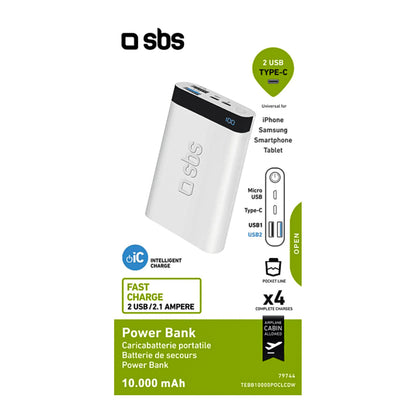 Sbs İntelligent Fast Charge 10.000mAh 2xUsbA + Type-C Çıkışlı Led Göstergeli Powerbank Beyaz SbsTEBB10000POCLCDW