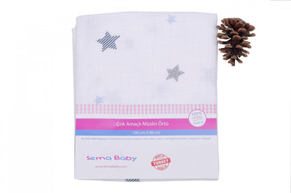 Sema Baby Çok Amaçlı Müslin Örtü 100x80 cm - Mavi Yıldız 8682476853131 8681349804041