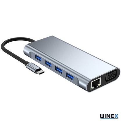 Winex 11in1 Hub Type-C to 4K HDMI/UsbA 3.0/TF SD/VGA/3.5mm AUX/PD Şarj/RJ45 Ethernet Dönüştürücü Adaptör WnxBYL2110