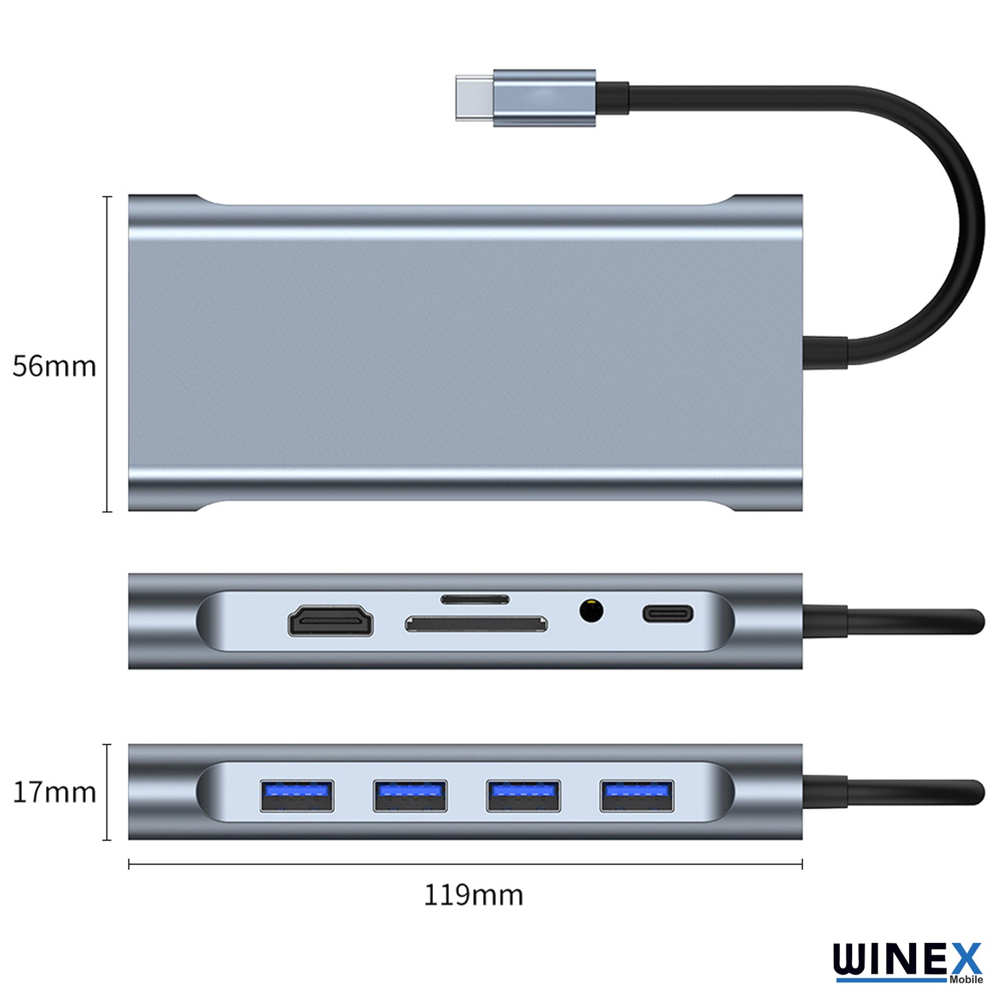 Winex 11in1 Hub Type-C to 4K HDMI/UsbA 3.0/TF SD/VGA/3.5mm AUX/PD Şarj/RJ45 Ethernet Dönüştürücü Adaptör WnxBYL2110