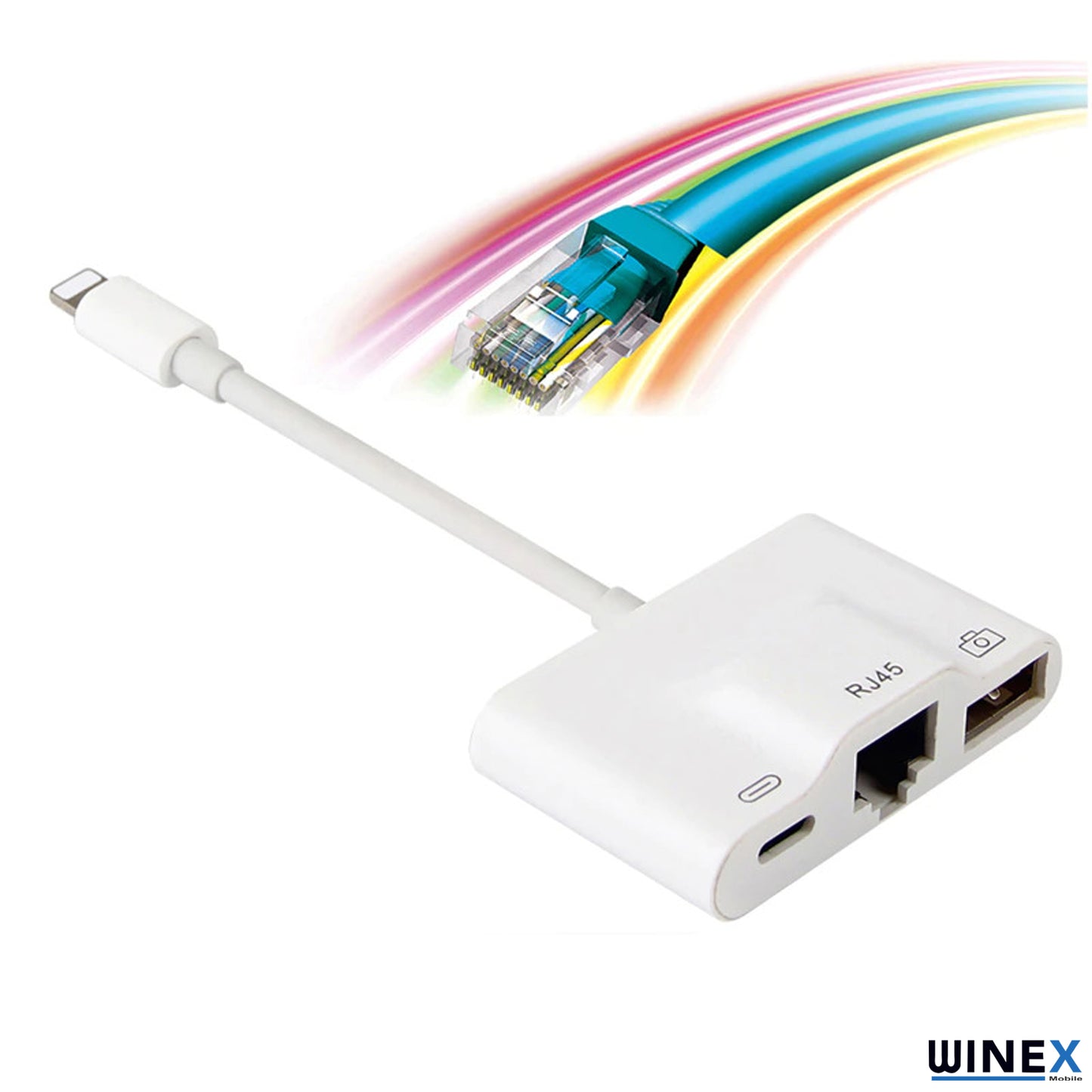 Winex 3in1 Lightning to RJ45 + UsbA + Lightning Şarj Girişli Dönüştürücü Adaptör WnxNK-107