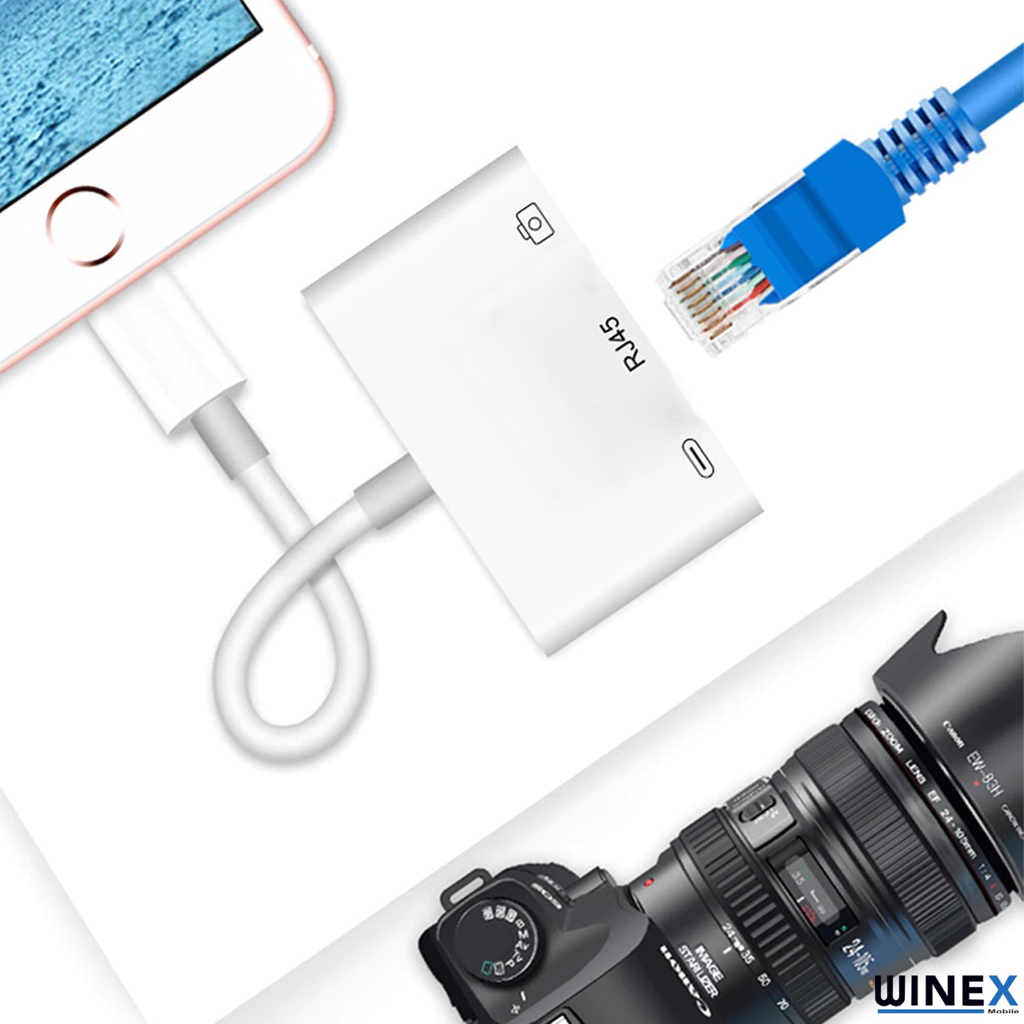 Winex 3in1 Lightning to RJ45 + UsbA + Lightning Şarj Girişli Dönüştürücü Adaptör WnxNK-107